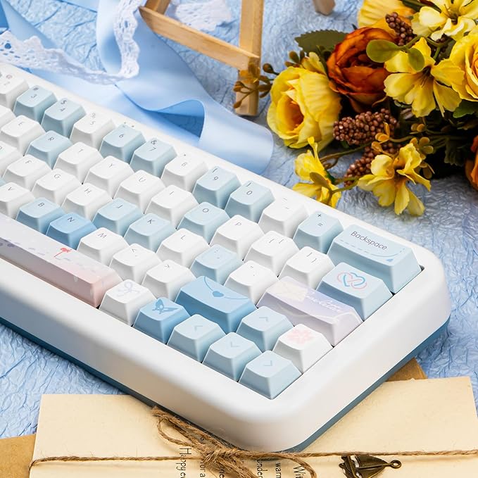 PBT Keycaps-White Blue Key caps 60 65 75 Percent, Cute Keycaps Custom 118 Keys, Cherry Profile for 61/68/84/87 Cherry Gateron MX Mechanical Keyboard