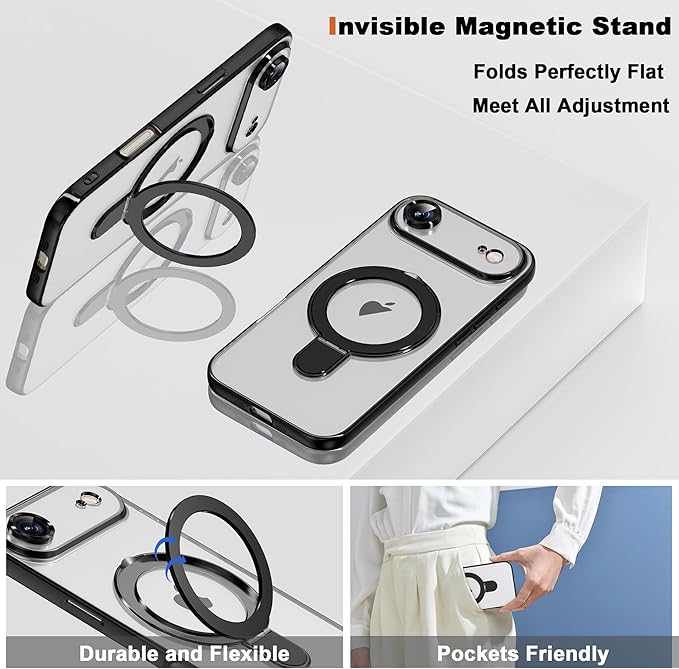 Compatible with iPhone 17 Air Case with Invisible Magnetic Ring Stand [Compatible with Mag-Safe] [Full Camera Lens Protector] Plating Clear Phone Case for iPhone 17 Air 6.5", Black