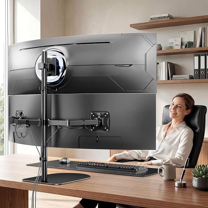 PUTORSEN Freestanding Triple Monitor Mount - Holds 49" Ultrawide Center & 32" Side Screens, 44 lbs Capacity, Extra Tall Pole, VESA 75/100