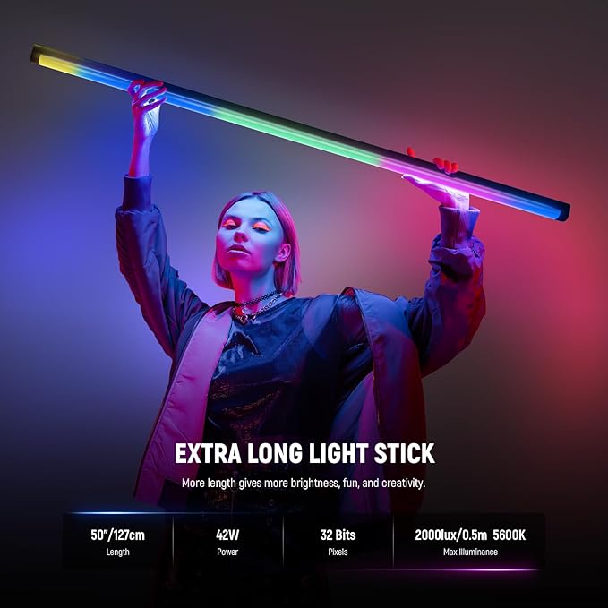 NEEWER TL120C RGB Tube Light, 42W Full Color RGBWW Photography LED Video Light Wand Stick with APP/2.4G/DMX Control, 7 Pixel Effects/18 Scenes, 2500K-10000K CRI97+ TLCI98+, 6000mAh Battery