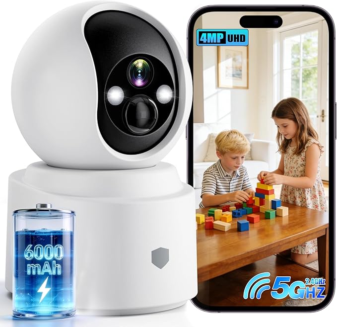 Noonkey Battery Powered Wireless Indoor Security Camera, 4MP HD Pan/Tilt Pet Camera w/ 6000mAh Rechargeable, 5G&2.4G WiFi 6,Motion Detection, Color Night Vision, 2-Way Talk, Home/Pet/Baby Monitoring