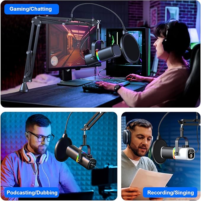 Aokeo AK-10 USB Gaming Microphone Wtih AK-35 Arm, Condenser Microphone for PC/MAC/PS4/PS5/Phone-Cardioid Mic with RGB Lighting