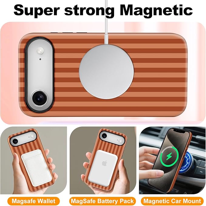 Magnetic for iPhone 17 Air Case Cute Stripes Phone Case, Shockproof Slim TPU and Hard PC Protective Phone Cover Compatible with MagSafe Designed for Women Girls, Deep Brown