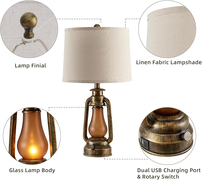 25" Set of 2 Rustic Lantern Table Lamps for Living Room Bedroom, 2 USB Ports Farmhouse Vintage Bedside Desk Lamp Nightlight for Entryway Office End Table, 4 Bulbs Included