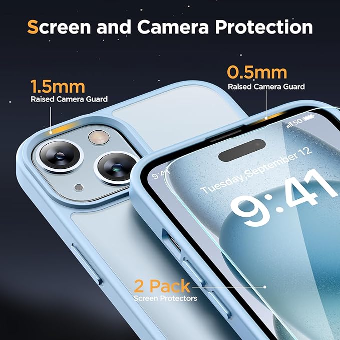 Miracase Magnetic for iPhone 15 Case (Compatible with MagSafe)（with 2X Screen Protectors） Military-Grade Protection, Anti-Fingerprint Translucent Matte Phone Cover for iPhone 15 6.1 inch, Light Blue