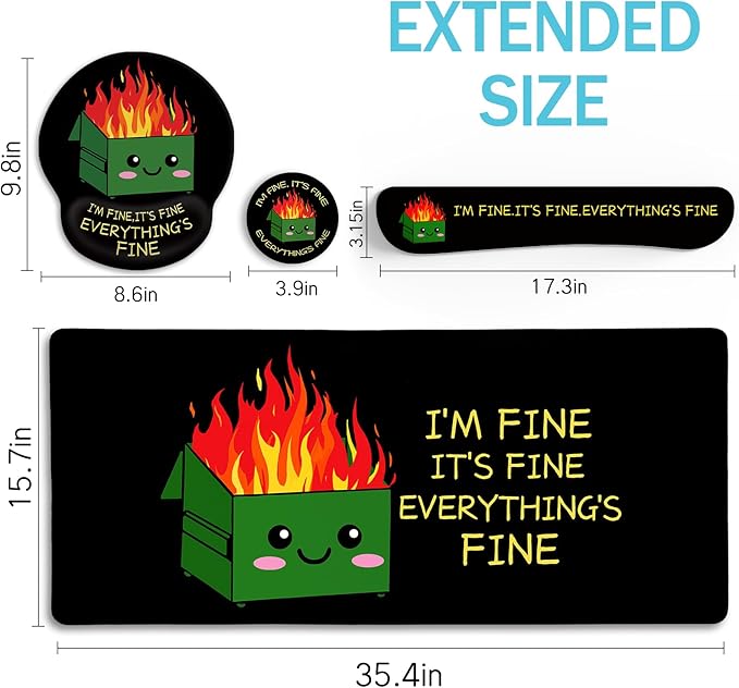 Blusabaca Dumpster on Fire Mouse Pad Desk Pad, Funny Cute Desk Mat Large Gaming Mouse Pad with Wrist Rest, Keyboard Pad Wrist Rest Ergonomic, Cup Coaster, Work Home Desk Accessories Office Supplies