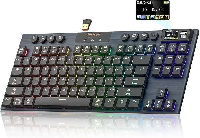 Hexgears Immersion A3 Low-Profile Wireless Mechanical Keyboard, TKL Hot-Swappable Aluminum Gaming Keyboard, BT5.0/2.4GHz/USB-C Linear Switches, RGB Backlit, TFT Screen & 5800mAh Battery for Pc/Mac