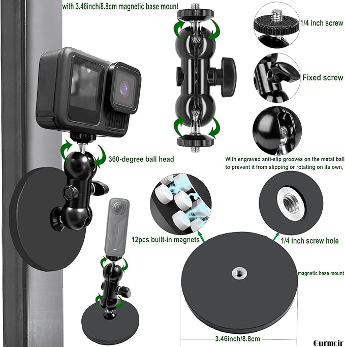 Action Camera Motorcycle Mount Kit with Magnetic Base for Gopro Hero 13 12 11 10 9 8/DJI Osmo Action 6/5 pro/4/Insta360 X5/X4/3/Go Pro Mini/Max/Max 2