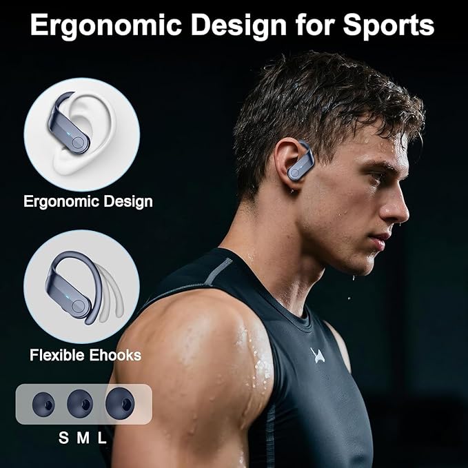 Wireless Earbuds, Sports Bluetooth 5.4 Headphones IPX8 Waterproof, 70H Over Ear Buds with Deep Bass Sound,4 ENC Noise Cancelling Mics, USB-C Fast Charging Earphones with Earhooks for Workout/Running