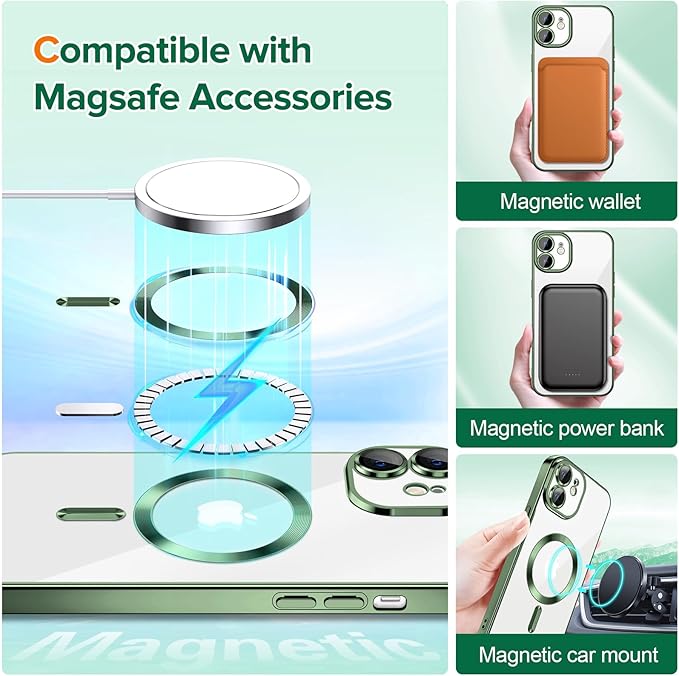 Hython Magnetic Clear for iPhone 11 Case with Camera Lens Protector [Compatible with MagSafe] Luxury Plating Edge Slim Soft TPU Cover Protective Phone Case for iPhone 11 6.1", Deep Green
