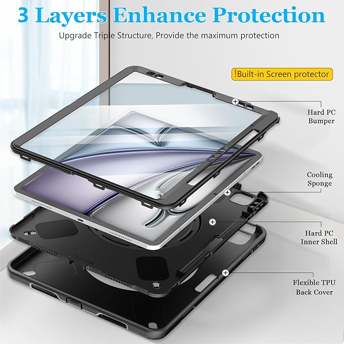 Case for iPad Air 13 Inch M3 2025 & M2 2024: Military Grade Cover for iPad Pro 12.9 6th/5th/4th/3rd Generation W/Screen Protector- Stand- Pencil Holder- Handle- Shoulder Strap- Black