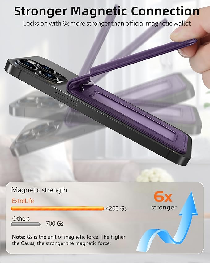 For Magsafe Wallet with Money Clip, Strongest Magnetic Wallet for iPhone 17/16/15/14/13/12 Series, Adjustable Stand, ID Window, 5 Card Holder, RFID Blocking, Not for 13/12 Mini, Elegant Purple