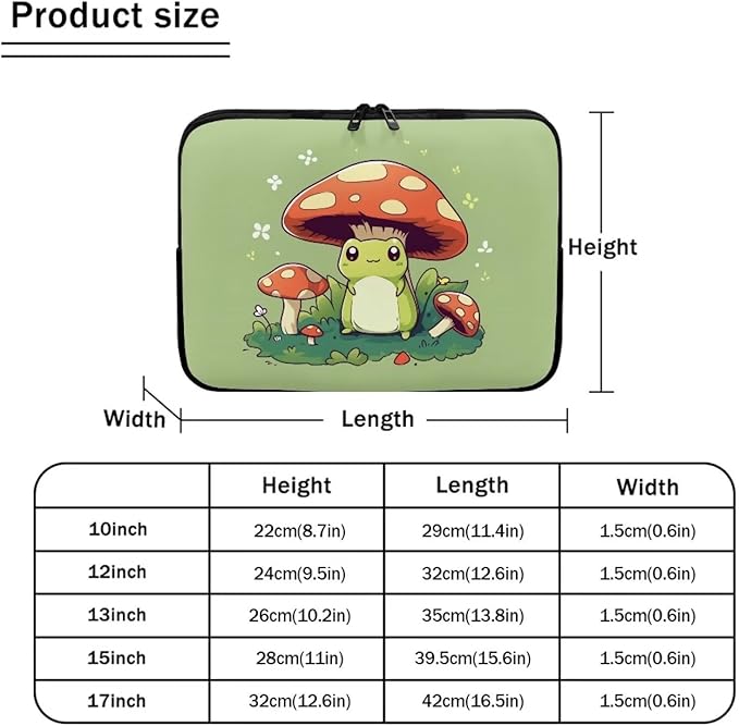 Cute Frog Laptop Protective Sleeve for Women Men 10 Inch Computer Sleeve Neoprene Laptop Bag Mushroom Lap Top Case Suitable for Travel School Office Organizers Green