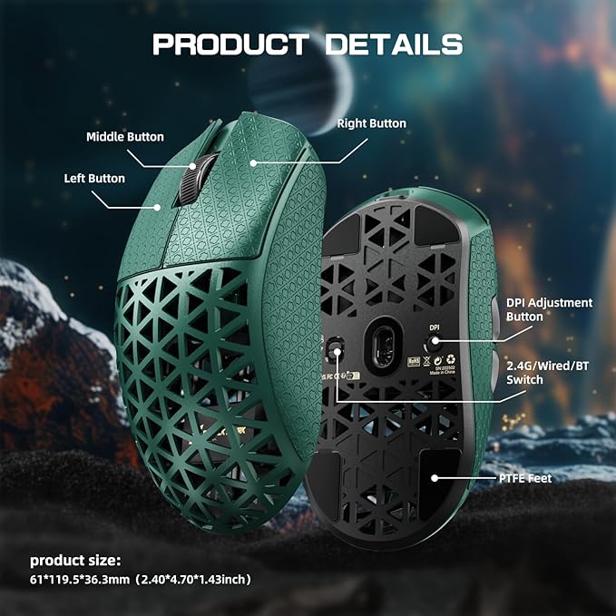 R5Ultra 8K Carbon Fiber Wireless Gaming Mouse with 42000 DPI -PAW3950 MAX Sensor -39g Ultra-Lightweight-Nordic 52840 MCU Chip-Wired/BT/2.4GHz Wirelss Programmable Mouse Tape for PC/Mac (Green)