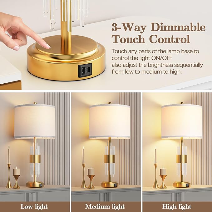 QiMH 25.5" Table Lamp Set of 2 with USB A+C Ports, Gold Lamp for Living Room with Touch Control, Modern Bedside Nightstand Lamp White Lamp Shade Bedroom Home Office Decor (2700K LED Bulbs Included)