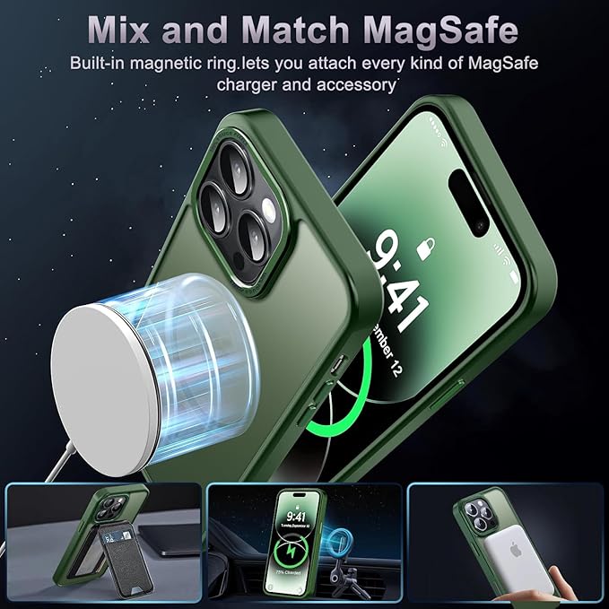 Newfuture Designed for iPhone 14 Pro Max Case with Magnetic [13 FT Military Drop Protection] [Compatible with Magsafe] Slim Translucent Matte Shockproof with Anti-Fingerprint Phone Case, Dark Green