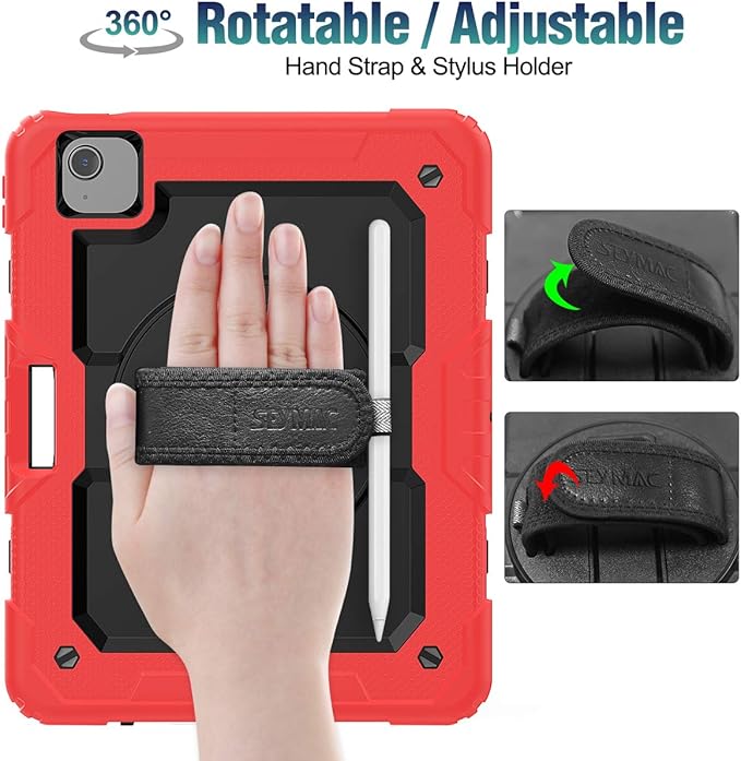 SEYMAC stock Case for iPad Air 5th/4th Generation/Pro 11 (4th/3rd/2nd) with Screen Protector Pen Holder, 360° Rotate Hand Strap/Stand Case for iPad Air 5th/4th Gen 10.9''/ Pro 11'' (Black+Red)