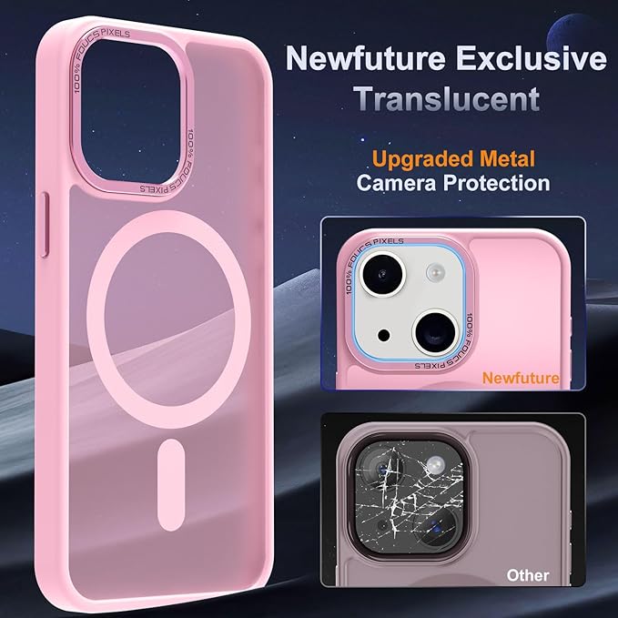 Newfuture Designed for iPhone 13 Case & iPhone 14 Case with Magnetic [13 FT Military Drop Protection] [Compatible with Magsafe] Slim Translucent Shockproof with Anti-Fingerprint Phone Case, Chalk Pink