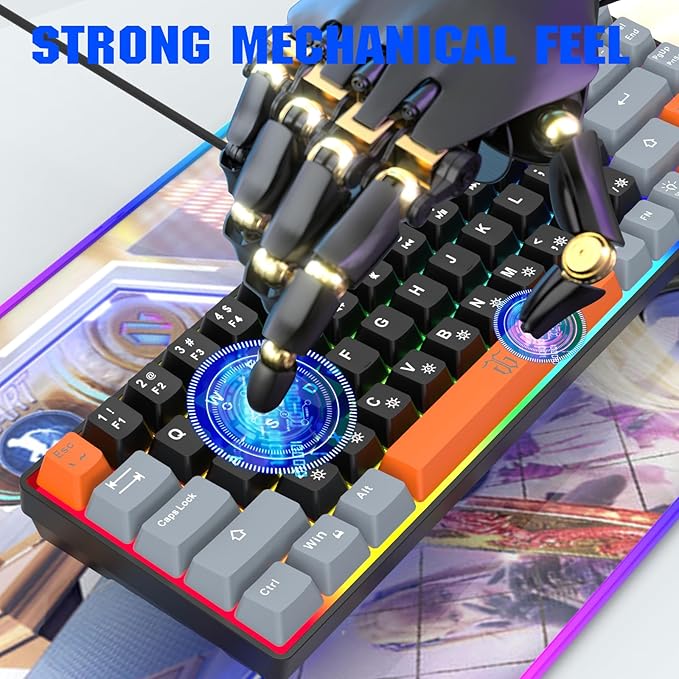 Snpurdiri 60% Percent Gaming Keyboard, Compact RGB Backlit Small Gaming Keyboard for Windows, PC, Laptop (68 Keys, Black-Grey-Orange)