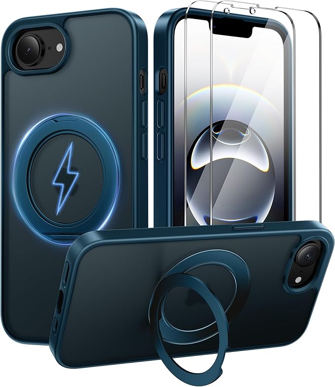 360°Ring Stand for iPhone 16E/17E Case with 2X Screen Protector,Fit for MagSafe, Anti-Yellowing & Scratch-Resistant Back Phone Case for iPhone 16E/17E 6.1", Blue