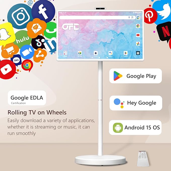 OFD 32" FHD Smart Portable TV on Wheels,Rolling TV Stand Tablet Android15 OS,6+128GB Storage,Built-in 9600mAh Battery,8MP Webcam,Speaker,Portable Smart TV Touchscreen with Remote,EDLA,Fully Rotatable
