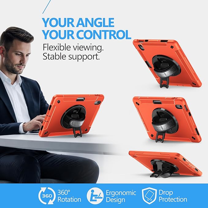 Case for iPad (A16) 11th/10th Generation Case: Protective Cover for iPad 11th Gen 11 Inch 2025 &10th Gen 10.9" 2022 with Screen Protector- Stand- Shoulder Strap- Handle- Pencil Holder-Orange