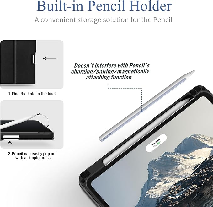 Antbox for iPad Pro 11 Inch Case M5 2025/M4 2024, Premium Vegan Leather, Supports Pencil Pro and Pencil (USB-C), Auto Sleep/Wake Function, Built-in Pencil Holder (Black)