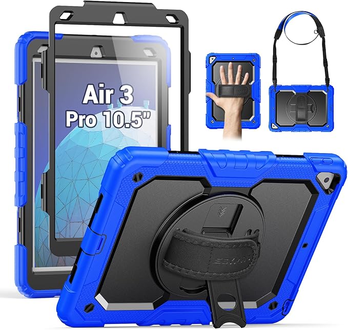 SEYMAC for iPad Air 3/ Pro 10.5 inch Case, Heavy Duty Full-Body Shockproof Protective Case with Screen Protector, 360° Rotating Stand, Hand/Shoulder Strap for iPad Air 3rd Gen, Blue
