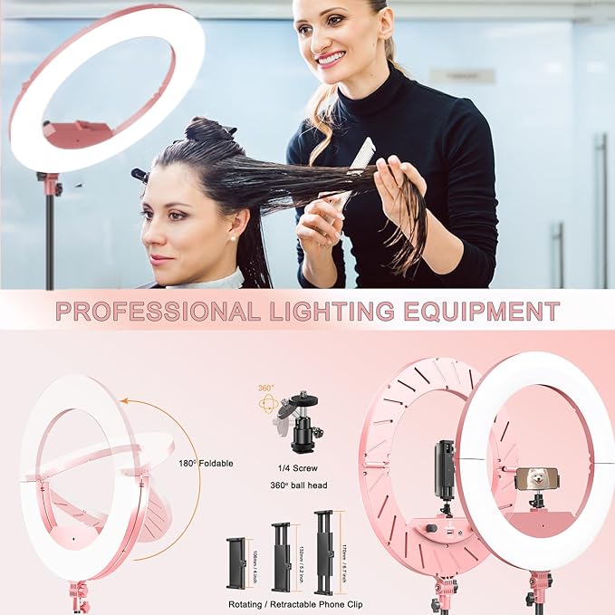 18 Inch Ring Light Kit, 55W6700k Dimmable LED Light, Tripod Stand, Remote Controller,Box,CRI95(Pink)