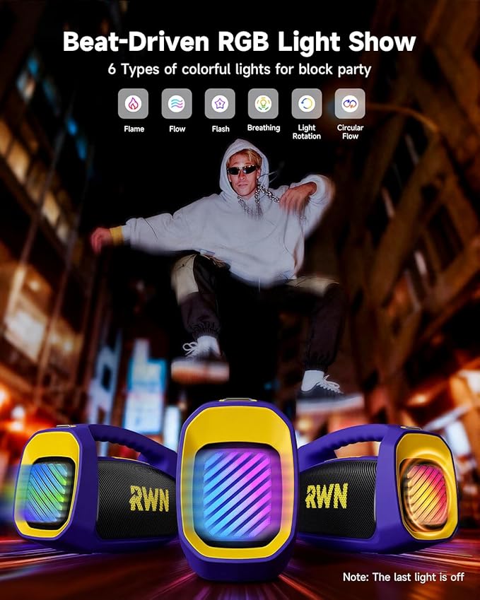 RWN Outdoor Bluetooth Speaker: 160W Loud Sound, IP67 Waterproof with 24H Playtime, Fast Charge, Bass, TWS, Portable Wireless Speakers with Light Show for House, Party, Projector, Beach (PURPLE+YELLOW)