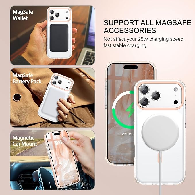 BENTOBEN Magnetic for iPhone 17 Pro Max Case 6.9", Compatible with Magsafe Shockproof Protective Bumper Cute Transparent Slim Anti-Yellowing Phone Case for iPhone 17 ProMax Cover, Clear Light Orange