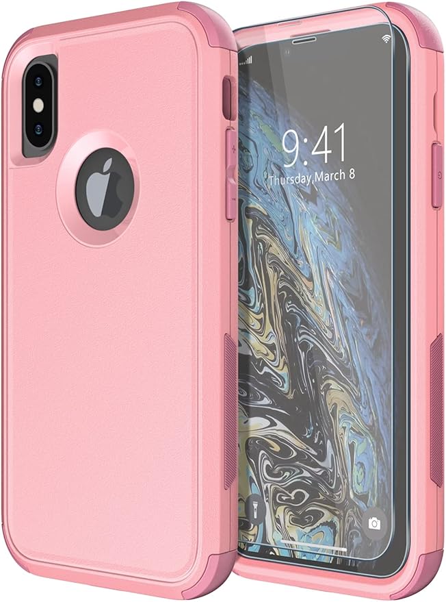 Diverbox for iPhone X Case/iPhone Xs Case [Shockproof] [Dropproof] [Tempered Glass Screen Protector ] Heavy Duty Protection Phone Case Cover for Apple iPhone X/XS (Pink)