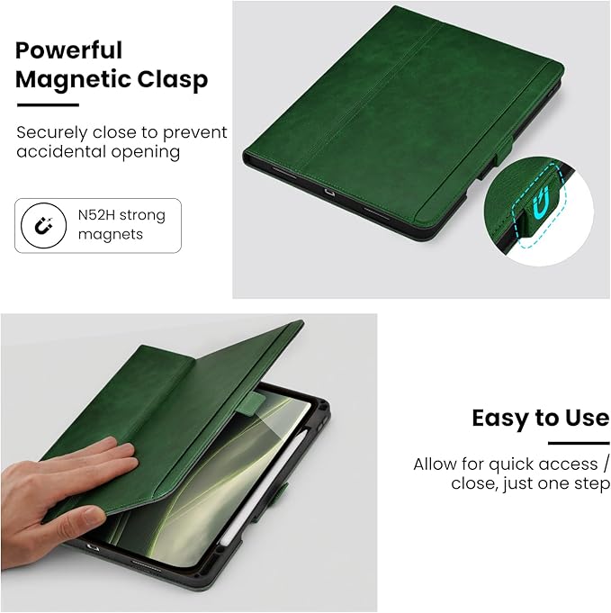 Handmade Case for iPad Air 13 Inch M4/M3/M2 (2026/2025/2024) with Pencil Holder Pocket,Magnetic Closure,Multi Angles Stand,Typing Angle,Folio Protective Cover,Auto Sleep/Wake,Green