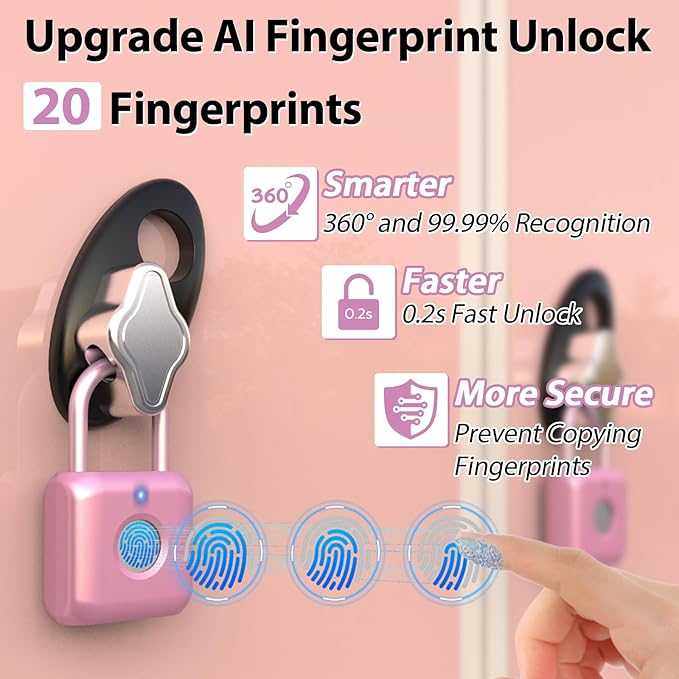 Fingerprint Padlock,Smart Padlock APP Control,Fingerprint Locker Lock,Gym Lock USB Rechargeable for Gym Locker,Locker, School,Storage Pink