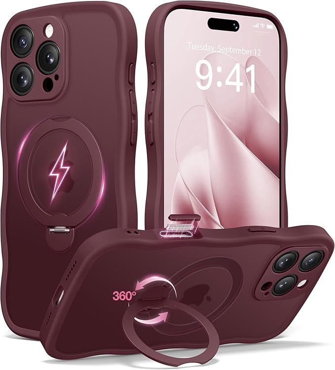 CAPRARO for iPhone 16 Pro Max Case with 360° Spin Magnetic Stand for Women, [Compatible with MagSafe] [Full Camera Protection] Cute Wave Translucent Matte Case for iPhone 16 Pro Max, Wine Red