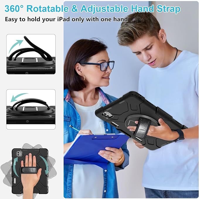 Case for iPad Pro 13 Inch M5 2025/ M4 2024: Military Grade Cover for iPad Pro 13" with Screen Protector - Stand - Handle - Shoulder Strap - Pencil Holder- Black