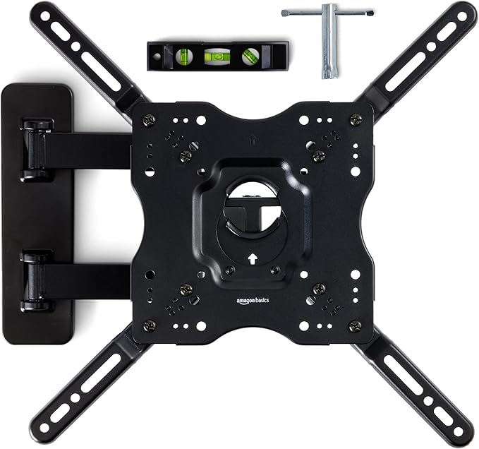 Amazon Basics Full Motion Articulating TV Wall Mount, with Swivel and Tilt, for 26" to 55" TVs and Flat Panels up to 80 Lbs, VESA Compatible, Single Stud, Black