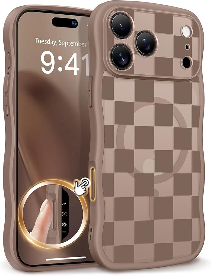 GVIEWIN for iPhone 17 Pro Case Compatible with MagSafe [Curly Wave Edge][Full Camera Protection] Floral Translucent Shockproof Magnetic Women Phone Case for iPhone 17 Pro 6.3'', Grids/Brown