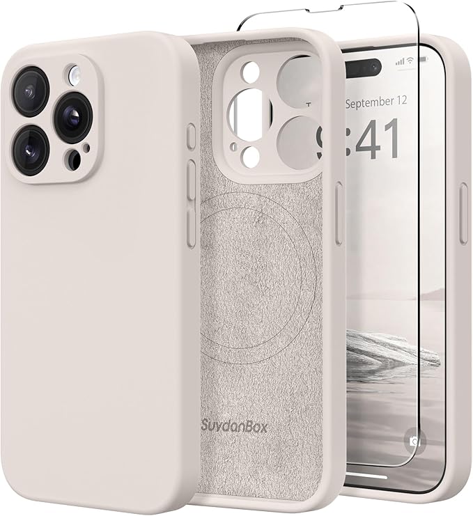 Magnetic for iPhone 15 Pro Case, Compatible with MagSafe, [Full Camera Protection][Screen Protector] Silicone Shockproof Protective Phone Case for iPhone 15 Pro 6.1", Stone