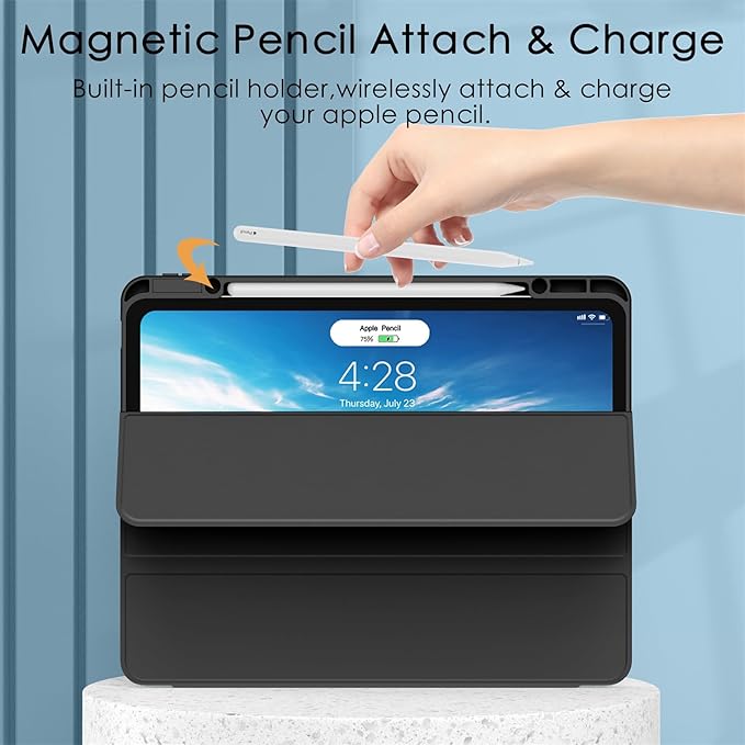 Soke Case for iPad Pro 12.9 Inch (6th/5th/4th/3rd Generation, 2022/2021/2020/2018) - Pencil Holder + Auto Sleep/Wake + Camera Protection, Transparent Shockproof Back Cover,Black