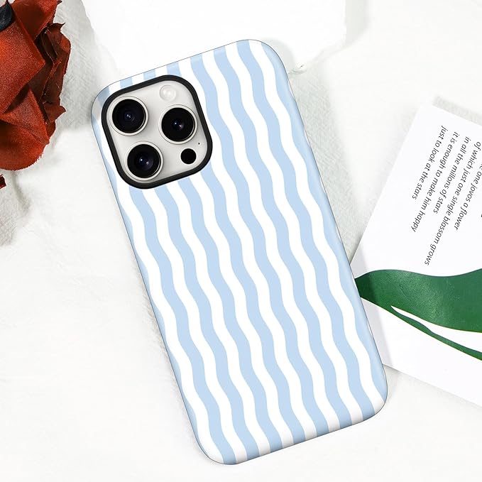 Magnetic for iPhone 15 Case Cute Wavy Stripes Phone Case, Shockproof Slim TPU and Hard PC Protective Phone Cover Compatible with MagSafe Designed for Women Girls, Blue