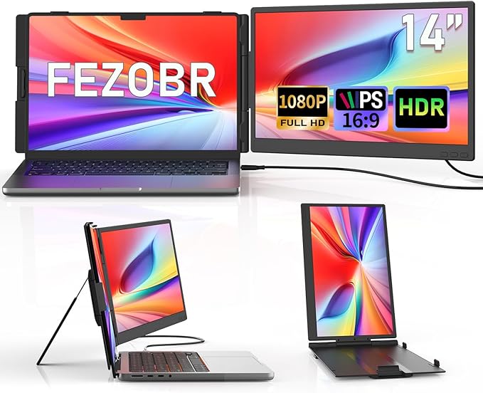 14” Laptop Screen Extender, Ultra-Thin Dual Portable Monitor for Laptop, 1080P FHD IPS Display, USB-C Plug & Play Extended Screen for Mac/Windows/Chrome, Fit 13-17.3” Laptops