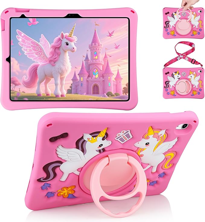 HianDier for iPad A16 Case 11th 2025 iPad 10th Generation Case for Kids Cute Unicorn Silicone Tablet Cover with Detachable Strap and Rotatable Stand Shockproof Cover for iPad 11inch 10.9inch-Rose Pink