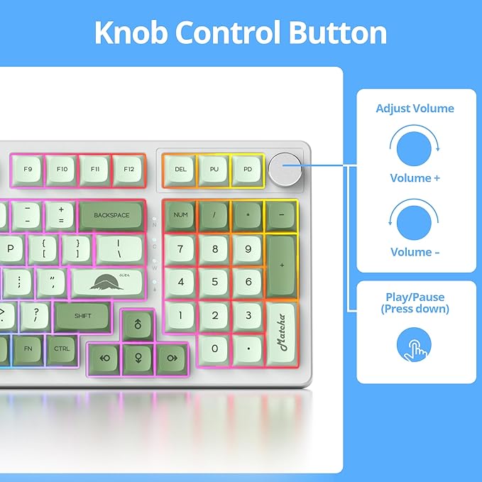 Fogruaden Wired Green Matcha Creamy Mechanical Keyboard with Number Pad, Hot Swappable RGB Gaming Keyboard with Knob, 98 Key, Custom Gasket Mount, Red Switch, NKRO 96% Keyboards for Win/Mac