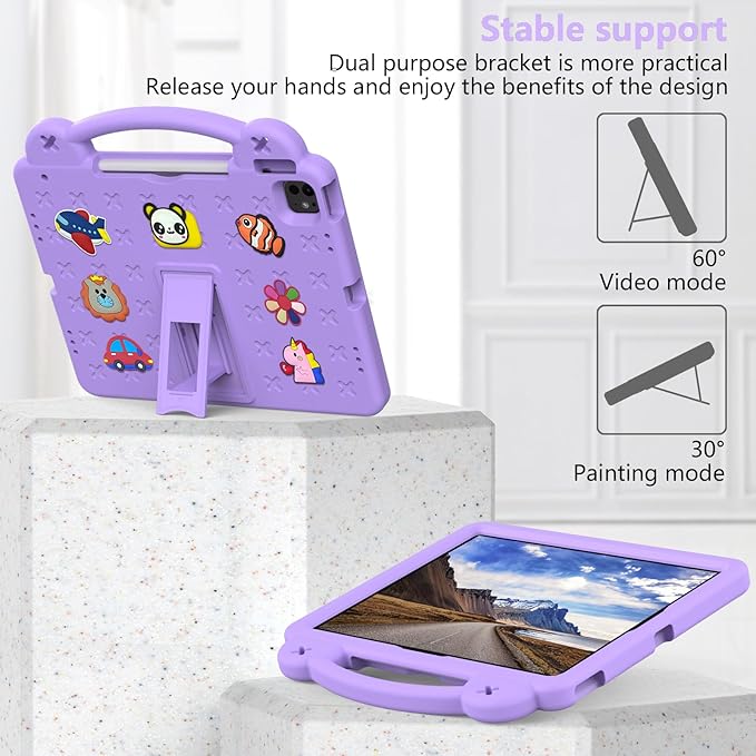 Kids Case for iPad Air 13 inch M3 2025/M2 2024,iPad Pro 13 inch M4 2024 & iPad Pro 12.9 inch Case 6th/5th/4th/3rd Gen 2022 2021 2020 2018 with Stand/Pencil Holder/Handle, Light Purple Bear