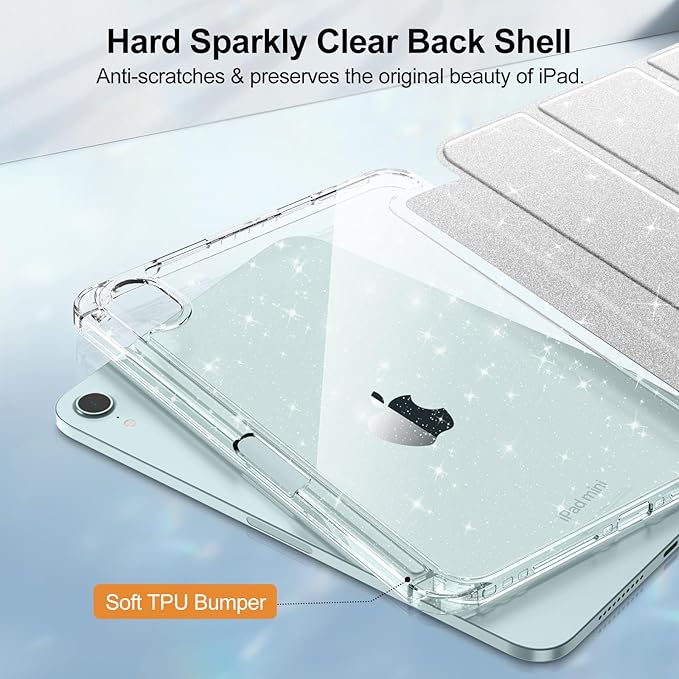 Fintie Slim Case for iPad Mini 7 (A17 Pro, 7th Generation) 2024 / iPad Mini 6 (6th Gen) 8.3 Inch - [Built-in Pencil Holder] Glittering Sparkly Shockproof Cover w/Shiny Clear Back Shell, Silver