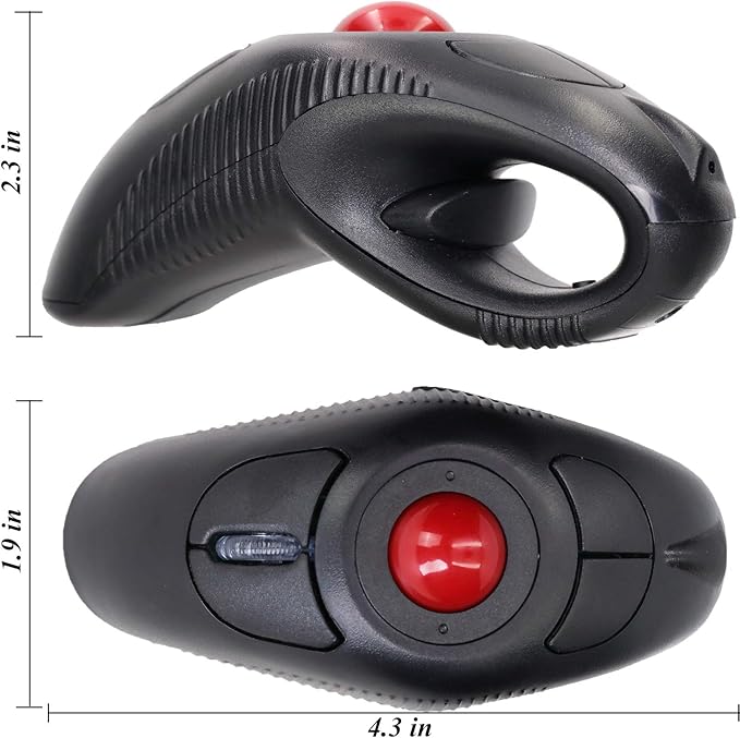 EIGIIS 2.4G Ergonomic Trackball Finger Handheld USB Wireless Mouse for PC Laptop Mac Left and Right Handed User (Black Wireless Red TrackBall)