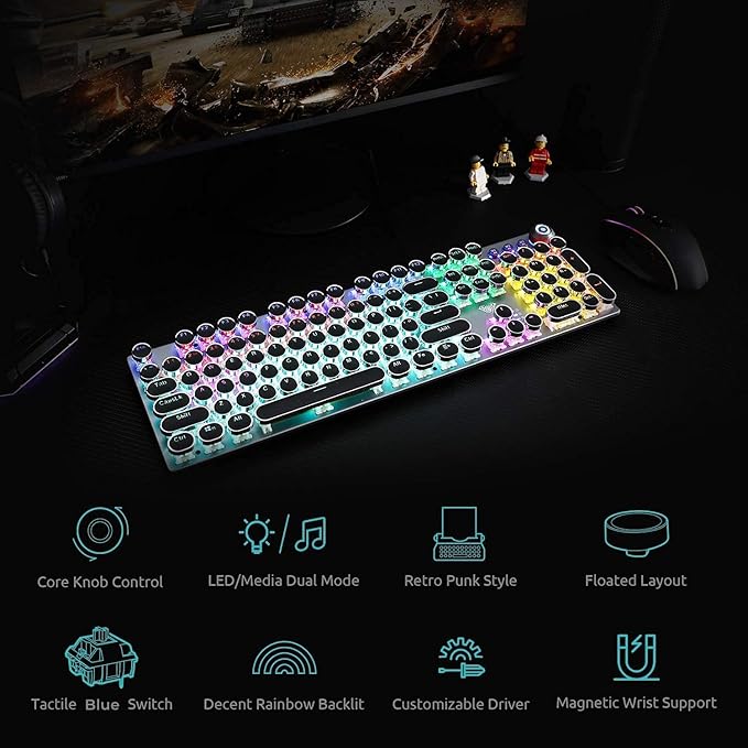 AULA F2088 Typewriter Style Mechanical Gaming Keyboard Wired,Blue Switches,Rainbow LED Backlit,Removable Wrist Rest,Media Control Knob,Retro Punk Round Keycaps,USB Wired Computer Keyboard