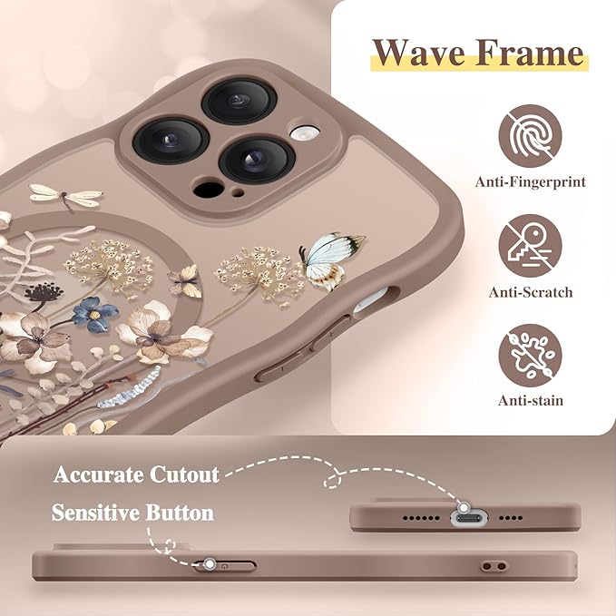 GVIEWIN for iPhone 14 Pro Max Case Compatible with MagSafe [Curly Wave Edge][Full Camera Protection] Floral Translucent Shockproof Magnetic Women Phone Case for 14 Pro Max, Autumnflit/Brown