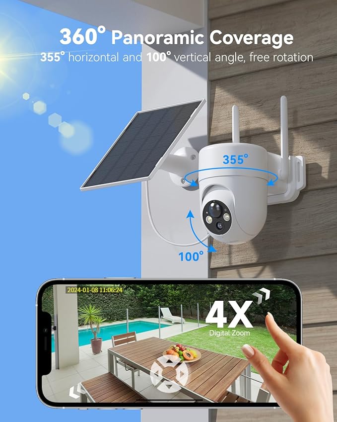 LIWAN Security Camera Wireless Outdoor, 2.4G WiFi Solar Security Cameras for Home Security, Surveillance Camera Outside, Solar Powered, 2K Color Night Vision, PIR Detection, 2-Way Talk